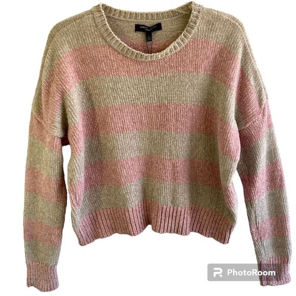 Romeo and Juliet Couture Cropped Sweater Women's Large Rose Mink Tan Pink Stripe - Picture 1 of 9